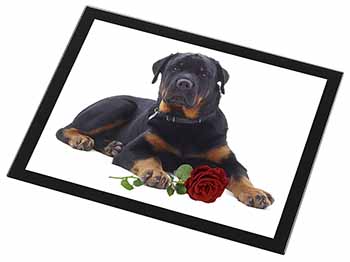 Rottweiler Dog with a Red Rose Black Rim High Quality Glass Placemat