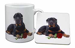 Rottweiler Dog with a Red Rose Mug and Coaster Set