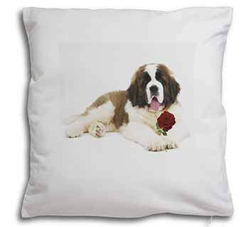 St. Bernard Dod with Red Rose Soft White Velvet Feel Scatter Cushion