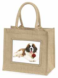 St. Bernard Dod with Red Rose Natural/Beige Jute Large Shopping Bag