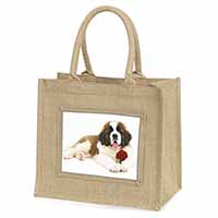 St. Bernard Dod with Red Rose Natural/Beige Jute Large Shopping Bag