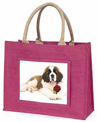 St. Bernard Dod with Red Rose Large Pink Jute Shopping Bag