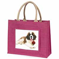 St. Bernard Dod with Red Rose Large Pink Jute Shopping Bag