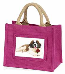 St. Bernard Dod with Red Rose Little Girls Small Pink Jute Shopping Bag