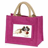 St. Bernard Dod with Red Rose Little Girls Small Pink Jute Shopping Bag