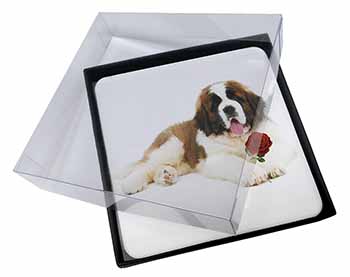 4x St. Bernard Dod with Red Rose Picture Table Coasters Set in Gift Box