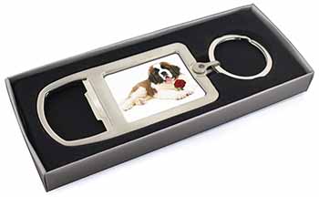 St. Bernard Dod with Red Rose Chrome Metal Bottle Opener Keyring in Box