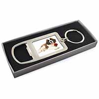 St. Bernard Dod with Red Rose Chrome Metal Bottle Opener Keyring in Box