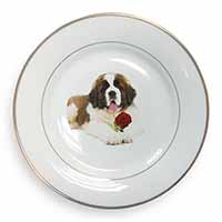 St. Bernard Dod with Red Rose Gold Rim Plate Printed Full Colour in Gift Box