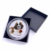 St. Bernard Dod with Red Rose Glass Paperweight in Gift Box