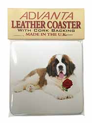 St. Bernard Dod with Red Rose Single Leather Photo Coaster