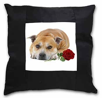 Red Staffie with Rose Black Satin Feel Scatter Cushion