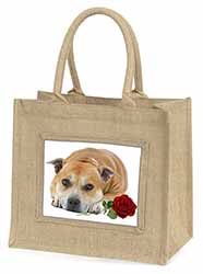 Red Staffie with Rose Natural/Beige Jute Large Shopping Bag