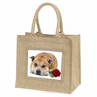 Red Staffie with Rose Natural/Beige Jute Large Shopping Bag