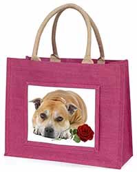 Red Staffie with Rose Large Pink Jute Shopping Bag