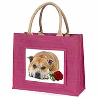 Red Staffie with Rose Large Pink Jute Shopping Bag