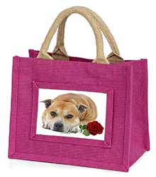 Red Staffie with Rose Little Girls Small Pink Jute Shopping Bag