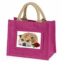 Red Staffie with Rose Little Girls Small Pink Jute Shopping Bag