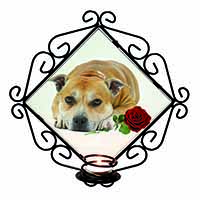 Red Staffie with Rose Wrought Iron Wall Art Candle Holder