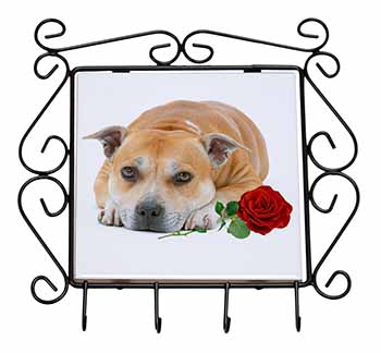 Red Staffie with Rose Wrought Iron Key Holder Hooks