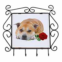 Red Staffie with Rose Wrought Iron Key Holder Hooks