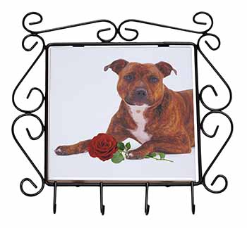 Staffie with Red Rose Wrought Iron Key Holder Hooks