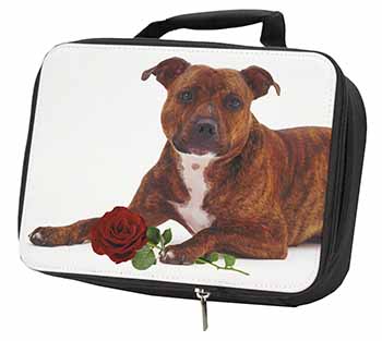 Staffie with Red Rose Black Insulated School Lunch Box/Picnic Bag