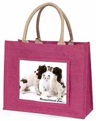 Cocker Spaniel and Kitten -Love Large Pink Jute Shopping Bag