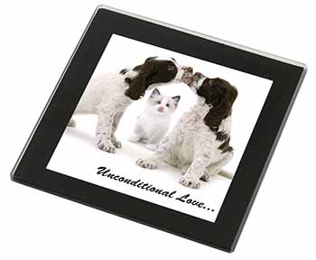 Cocker Spaniel and Kitten -Love Black Rim High Quality Glass Coaster