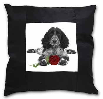 Cocker Spaniel (B+W) with Red Rose Black Satin Feel Scatter Cushion