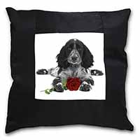 Cocker Spaniel (B+W) with Red Rose Black Satin Feel Scatter Cushion