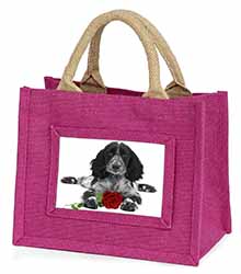 Cocker Spaniel (B+W) with Red Rose Little Girls Small Pink Jute Shopping Bag