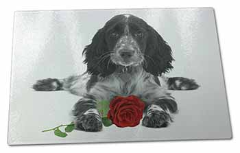 Large Glass Cutting Chopping Board Cocker Spaniel (B+W) with Red Rose