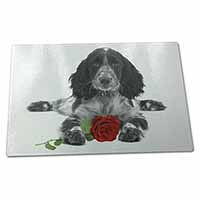 Large Glass Cutting Chopping Board Cocker Spaniel (B+W) with Red Rose