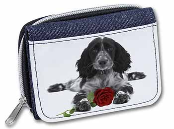 Cocker Spaniel (B+W) with Red Rose Unisex Denim Purse Wallet