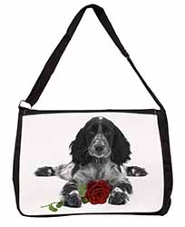 Cocker Spaniel (B+W) with Red Rose Large Black Laptop Shoulder Bag School/Colleg