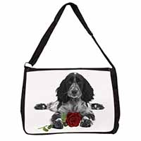 Cocker Spaniel (B+W) with Red Rose Large Black Laptop Shoulder Bag School/Colleg