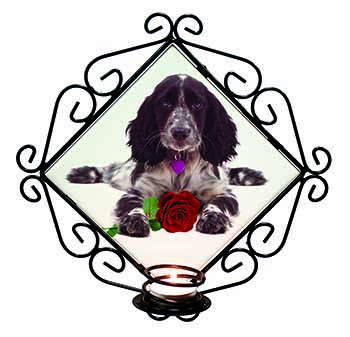 Blue Roan Cocker Spaniel with Rose Wrought Iron Wall Art Candle Holder