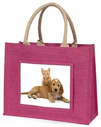 Cocker Spaniel and Kitten Love Large Pink Jute Shopping Bag