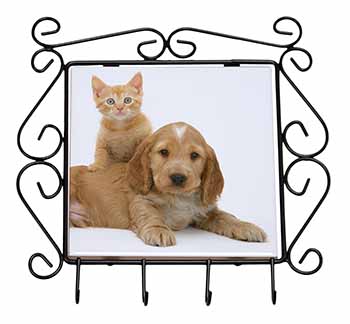 Cocker Spaniel and Kitten Love Wrought Iron Key Holder Hooks