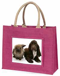 Cute Cocker Spaniel Dog and Rabbit Large Pink Jute Shopping Bag