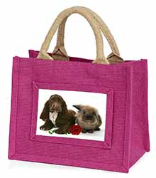 Cocker Spaniel with Red Rose Little Girls Small Pink Jute Shopping Bag