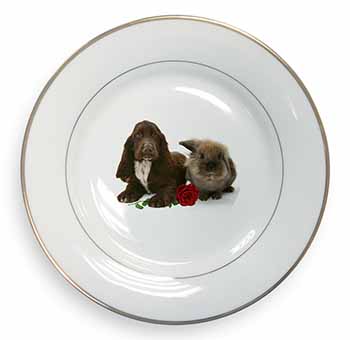 Cocker Spaniel with Red Rose Gold Rim Plate Printed Full Colour in Gift Box