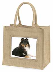 Tri-Col Sheltie Dog Natural/Beige Jute Large Shopping Bag