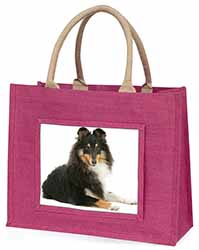 Tri-Col Sheltie Dog Large Pink Jute Shopping Bag