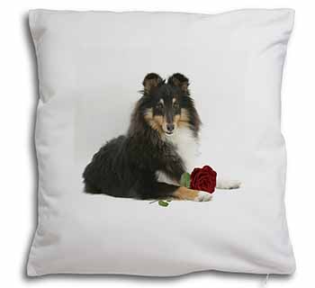 Tri-Col Sheltie with Red Rose Soft White Velvet Feel Scatter Cushion