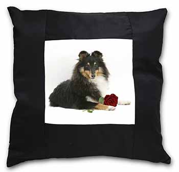 Tri-Col Sheltie with Red Rose Black Satin Feel Scatter Cushion