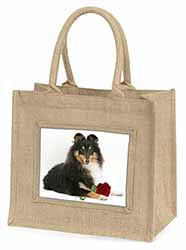 Tri-Col Sheltie with Red Rose Natural/Beige Jute Large Shopping Bag