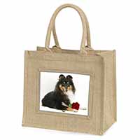 Tri-Col Sheltie with Red Rose Natural/Beige Jute Large Shopping Bag