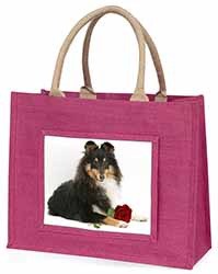 Tri-Col Sheltie with Red Rose Large Pink Jute Shopping Bag